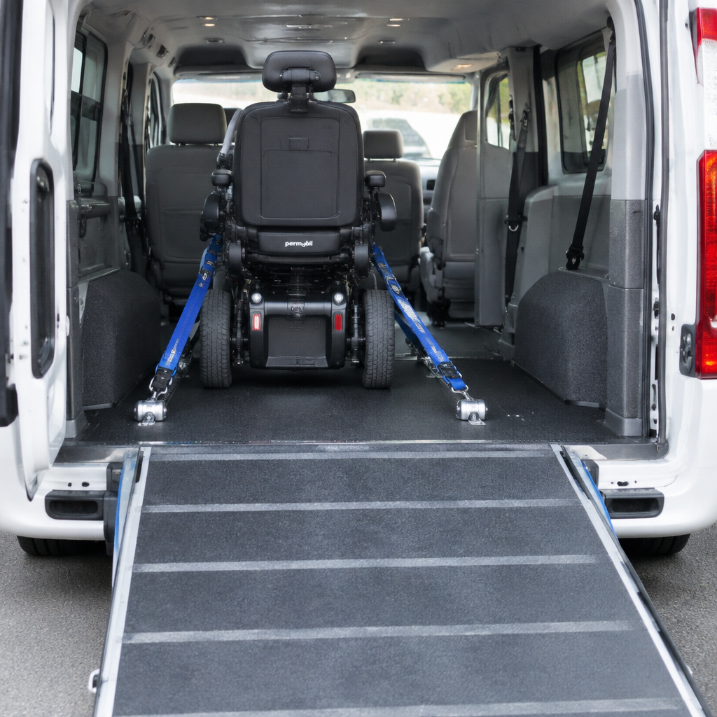 Intérieur du van YKB Santé avec un fauteuil roulant électrique arrimé, espace renforcé et rampe grande capacité