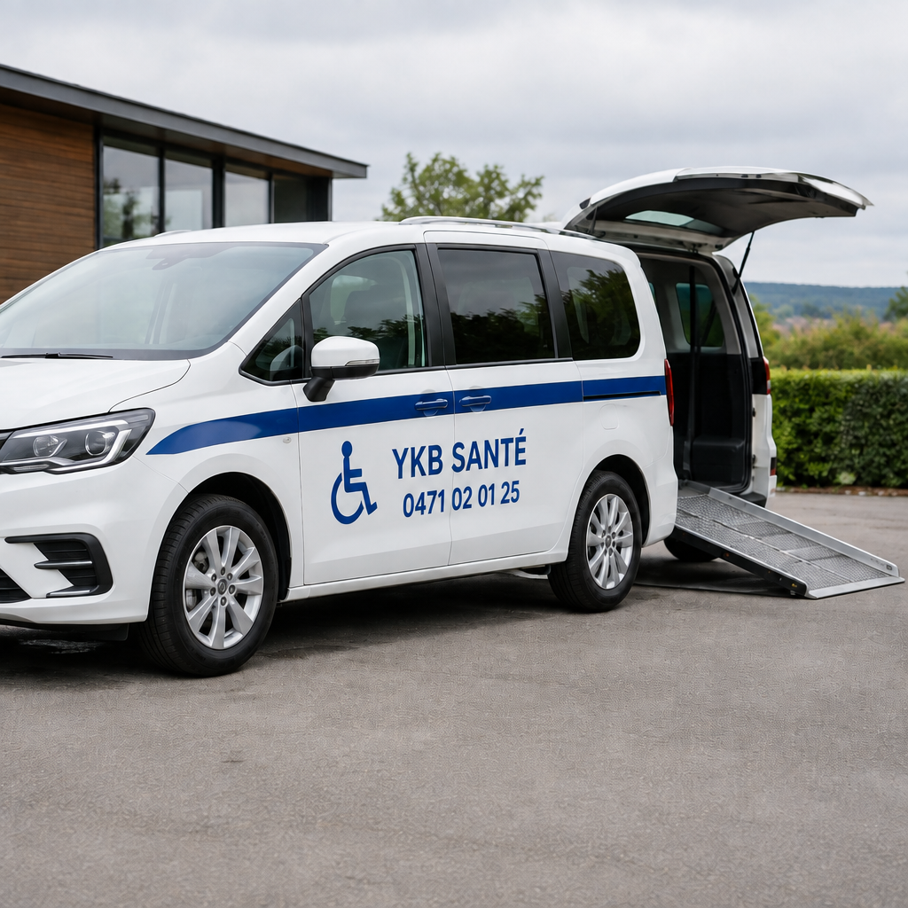 Van YKB Santé adapté au transport PMR, rampe d'accès déployée, pictogramme d'accessibilité sur la portière