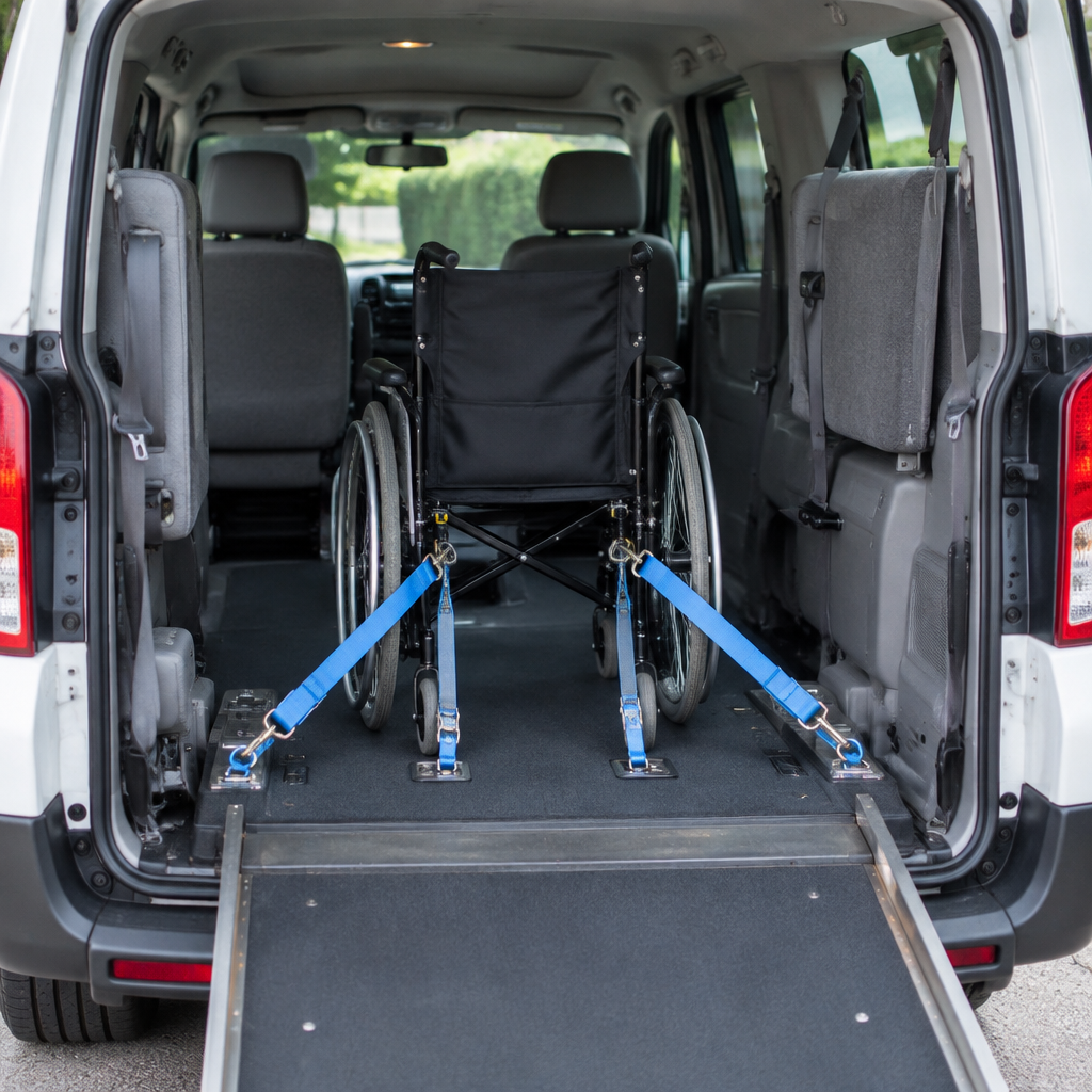 Intérieur du van YKB Santé avec un fauteuil roulant manuel arrimé par sangles 4 points, rampe déployée