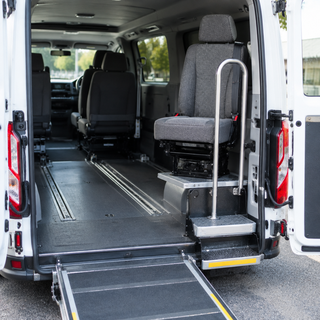 Intérieur du van YKB Santé avec une assise surélevée et une main courante pour passager à marche difficile